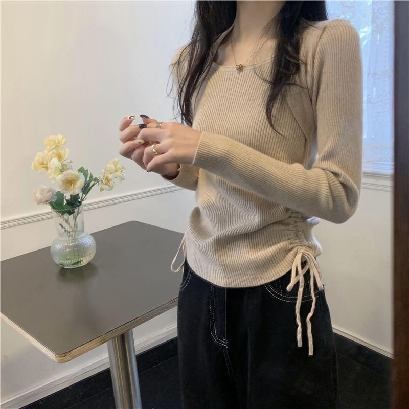 Long-Sleeve Scoop Neck Plain Drawstring Ribbed Knit Top Product Image