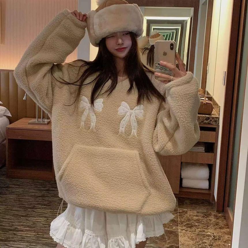 V-Neck Bow Embroidered Faux Shearling Pullover Product Image