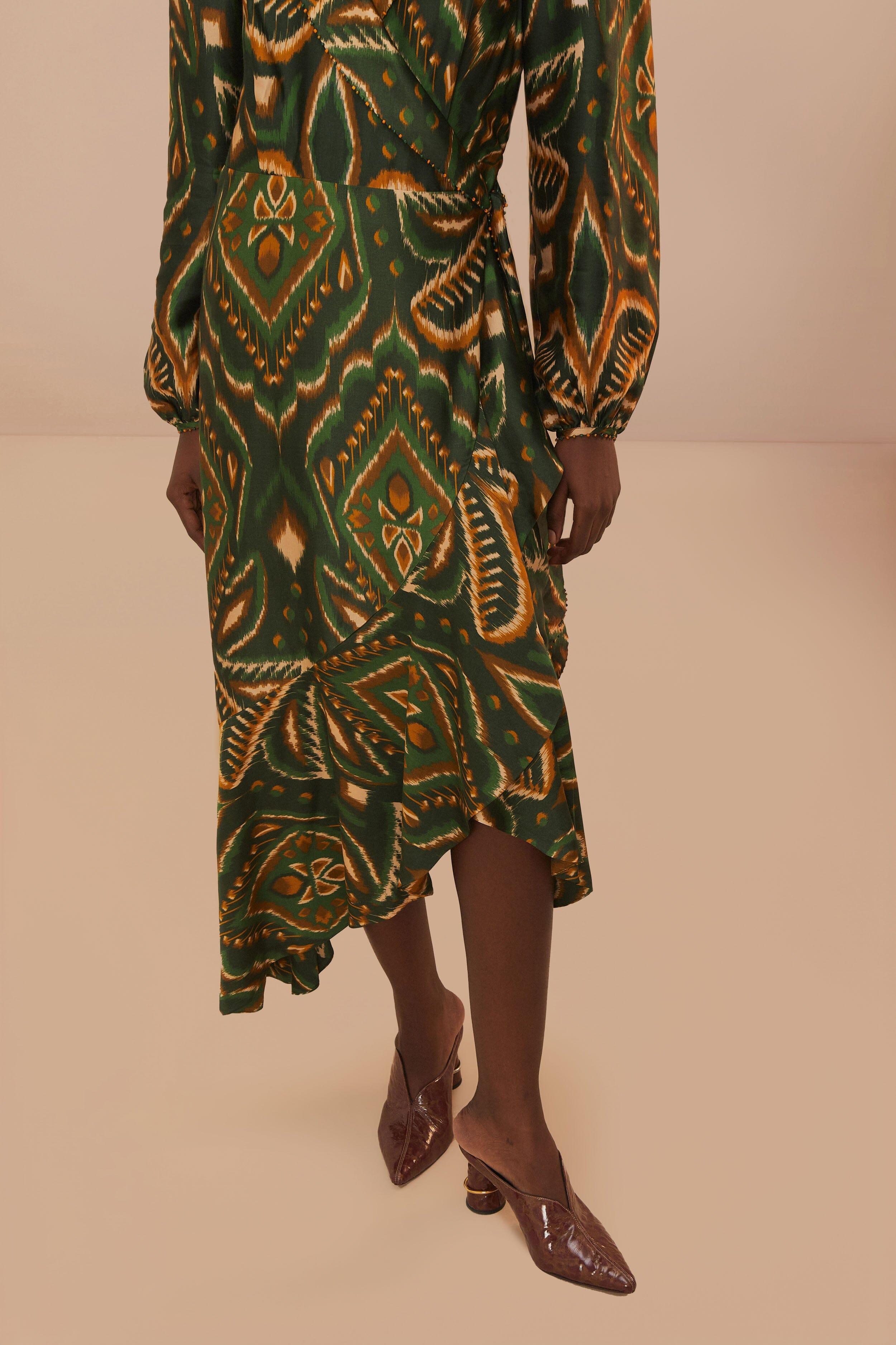 Green Pineapple Ikat Long Sleeve Midi Dress Product Image