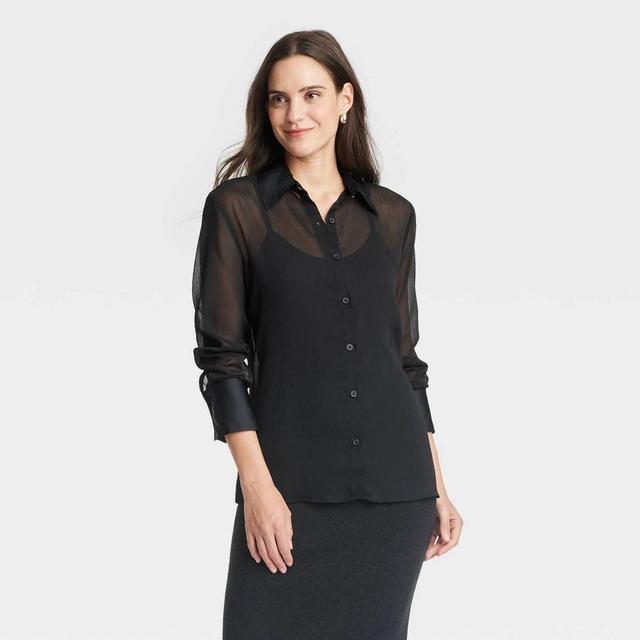 Womens Long Sleeve Crinkle Sheer Shirt - A New Day Black Product Image