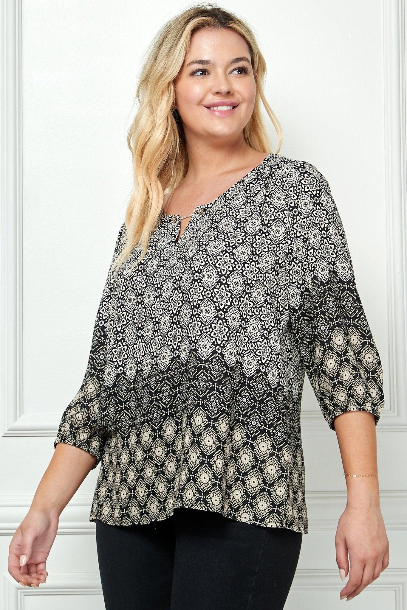 3/4 Sleeve Border Print Top - Plus Product Image