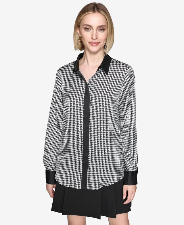 Karl Lagerfeld Paris Womens Houndstooth Contrast-Trim Shirt - Blk Product Image