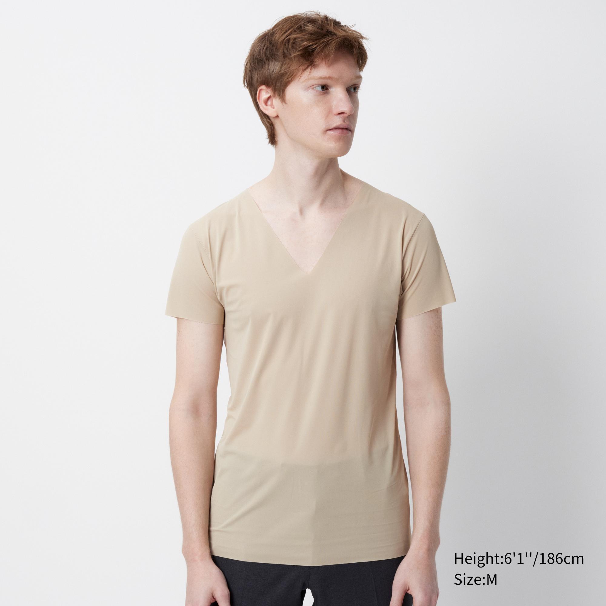 Mens Airism Anti-Odor Mesh V-Neck T-Shirt with Deodorizing Beige Large UNIQLO US Product Image