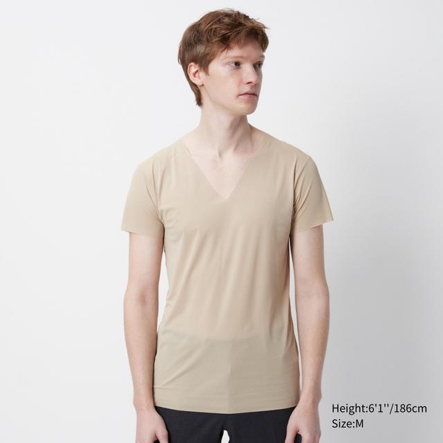 Mens Airism Anti-Odor Mesh V-Neck T-Shirt with Deodorizing Beige Large UNIQLO US Product Image