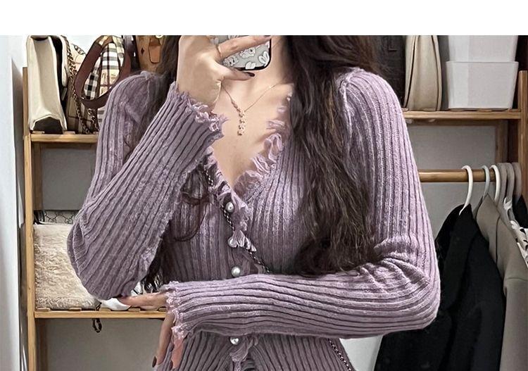 Long-Sleeve V-Neck Fringed Button Ribbed Knit Top Product Image