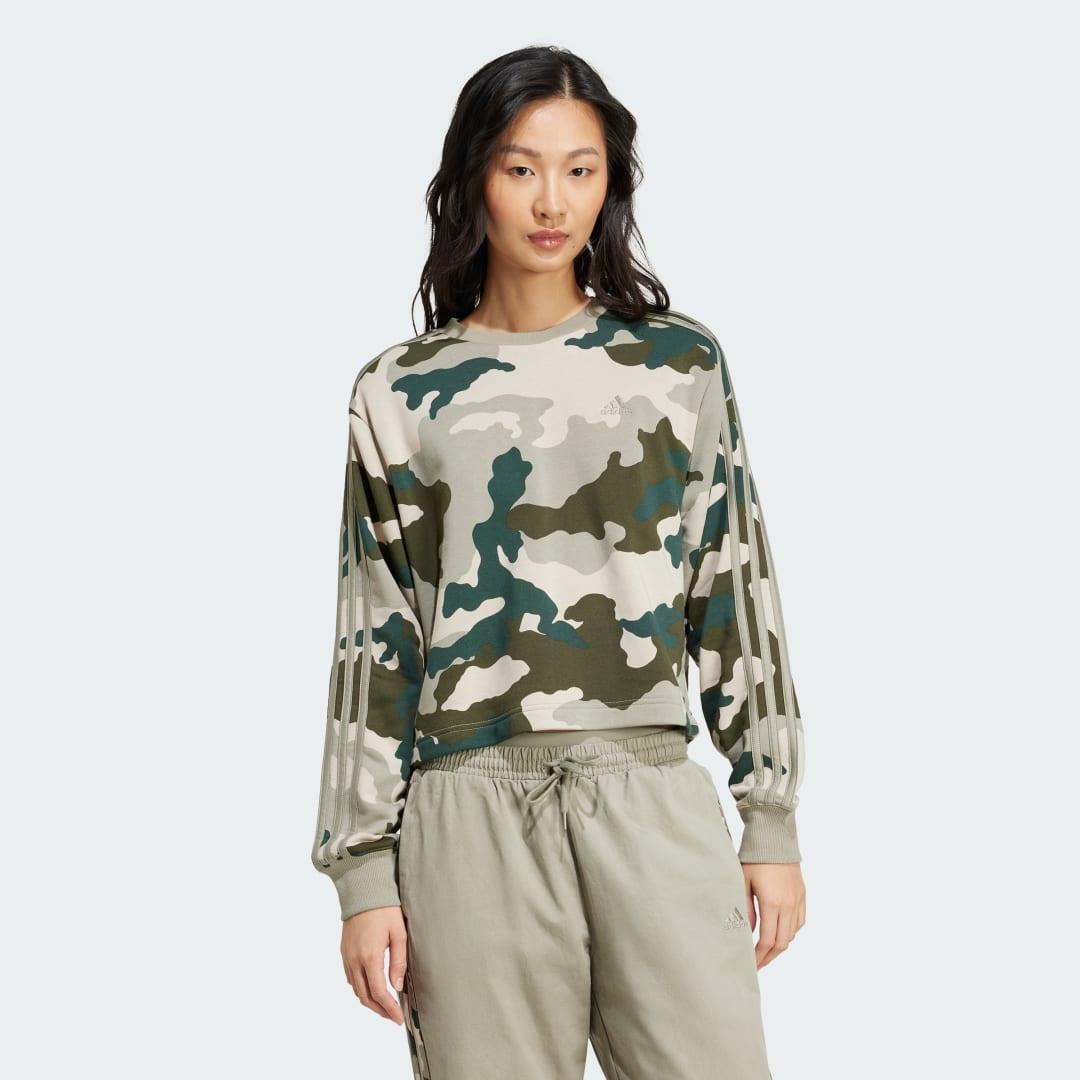 adidas Essentials 3-Stripes Camo-Print Cropped Sweatshirt Silver Pebble L Womens Product Image