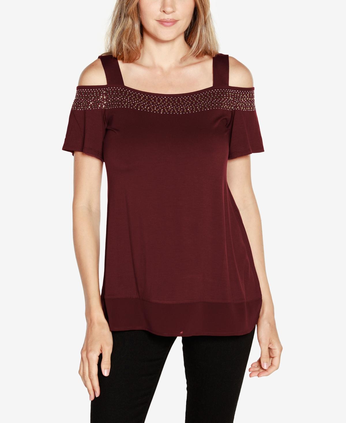 Belldini Womens Embellished Cold-Shoulder Top Product Image