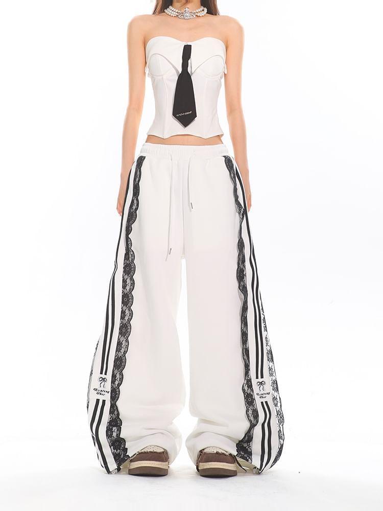 Drawstring Waist Striped Panel Lace Wide Leg Sweatpants Product Image