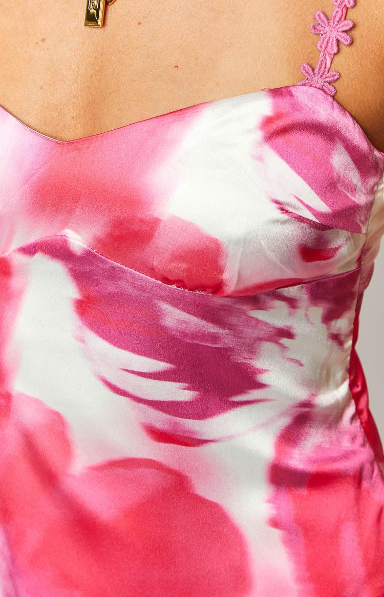 Marbelle Pink Floral Satin Print Mini Dress Product Image