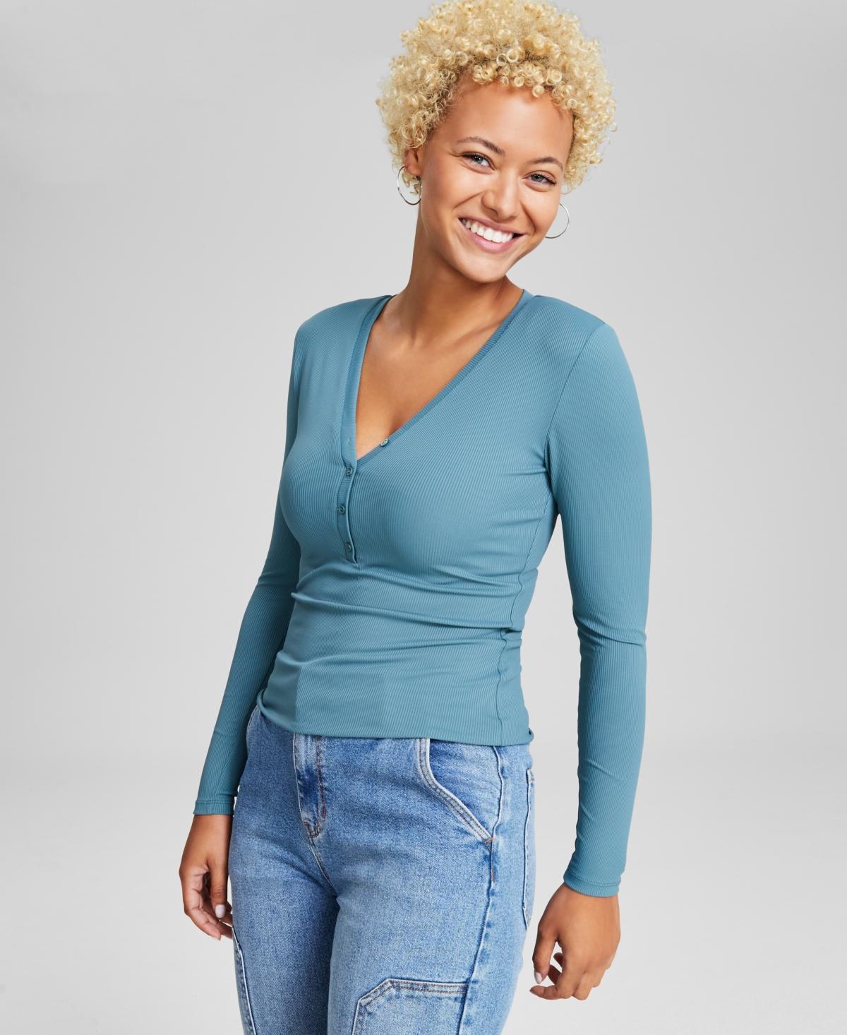 And Now This Womens Ribbed Henley-Neck Long-Sleeve Top, Created for Macys Product Image