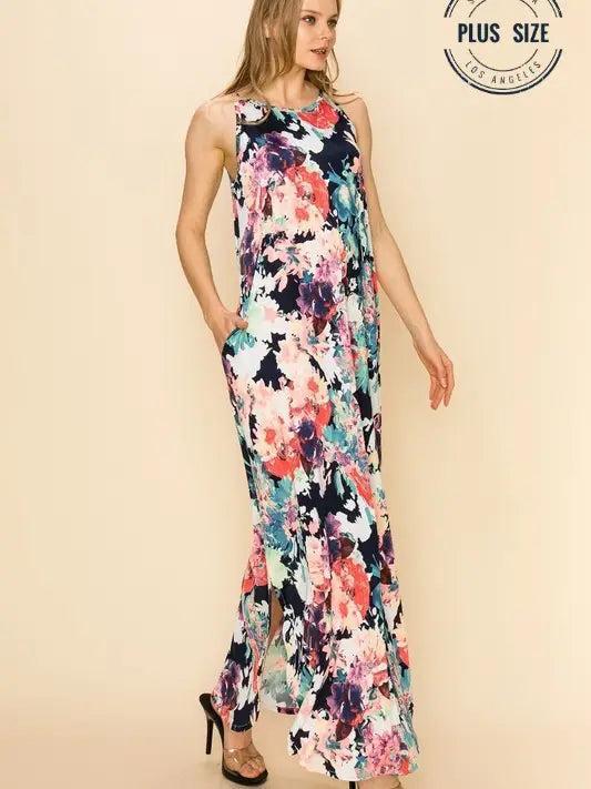 Plus Size Floral Sleeveless Maxi Dress with Pockets Female Product Image