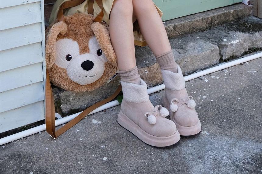 Bow Pom Pom Fleece-Lined Platform Short Snow Boots Product Image