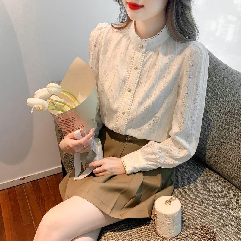 Long-Sleeve Stand Collar Lace Blouse Product Image