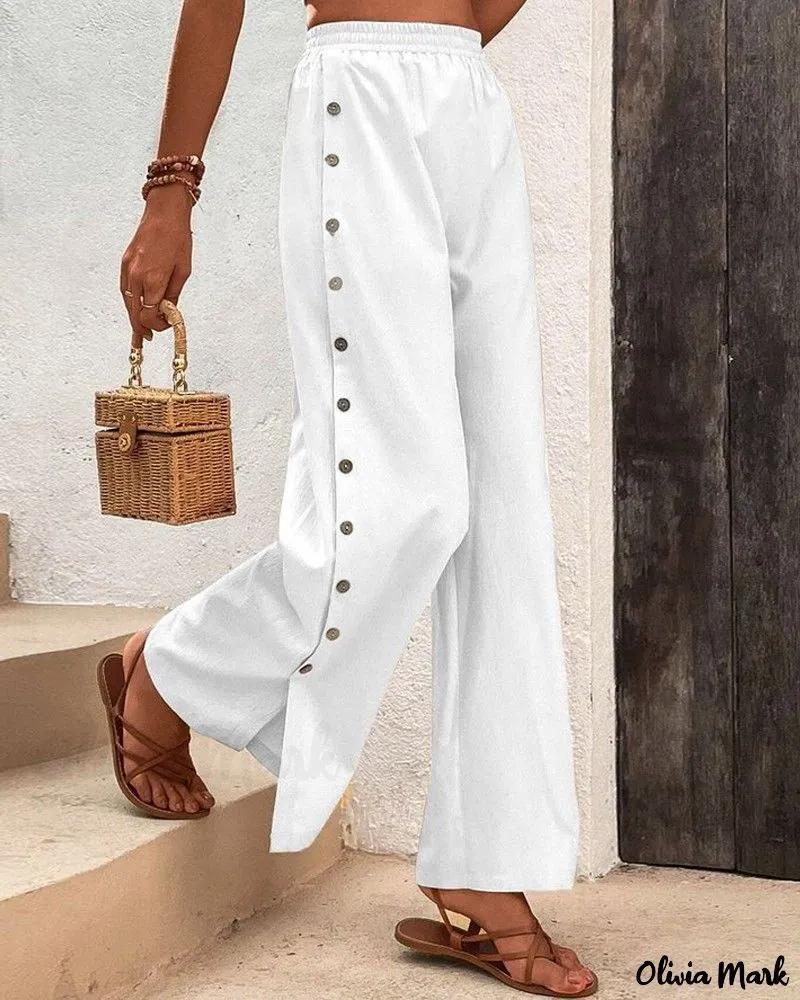 Olivia Mark – Wide Leg Slit Pants with Side Button Detail Product Image