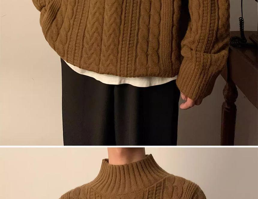 Turtleneck Plain Cable Knit Sweater Product Image