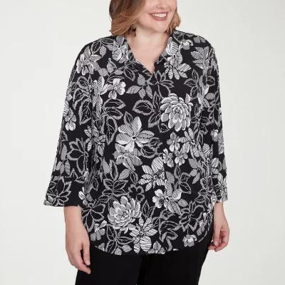 Alfred Dunner Plus Wild At Heart Womens 3/4 Sleeve Button-Down Shirt Product Image