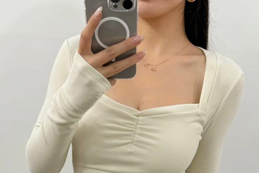 Long-Sleeve V-Neck Plain Crop Top Product Image