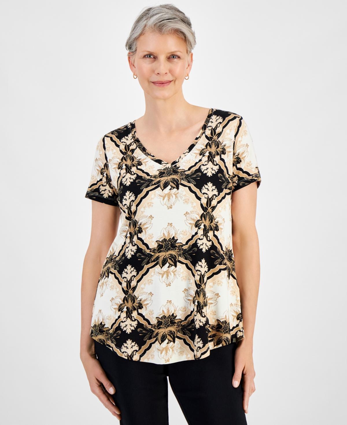 Jm Collection Womens Printed V-Neck Short-Sleeve Knit Top, Created for Macys Product Image