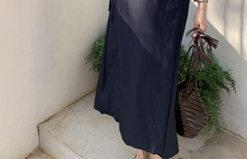 Short-Sleeve Round Neck Plain Asymmetrical Sashed Midi A-Line Dress Product Image