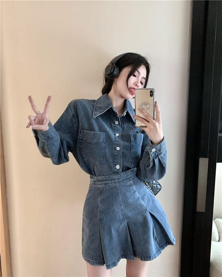 Long Sleeve Collared Washed Denim Shirt / High Waist Pleated Mini A-Line Skirt Product Image