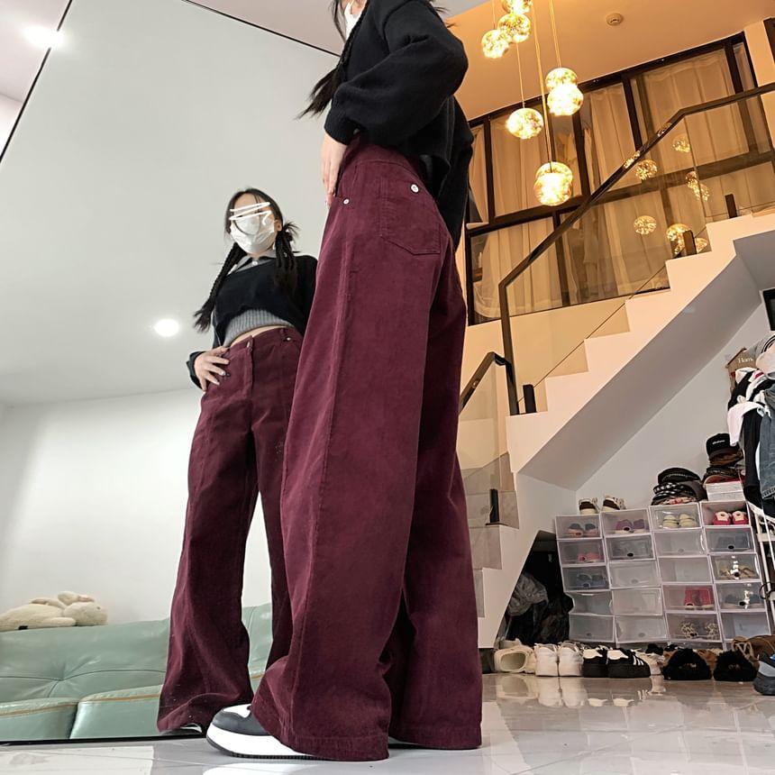 High Rise Plain Corduroy Loose Fit Pants Product Image