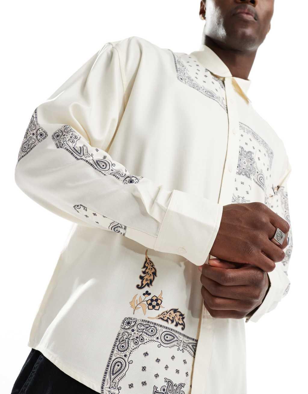 ONLY & SONS long sleeve tile print shirt in stone Product Image