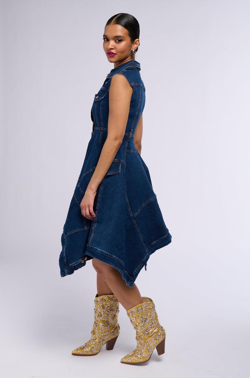 WINONA CAP SLEEVE BUTTON DOWN DENIM MIDI DRESS IN DARK BLUE Product Image