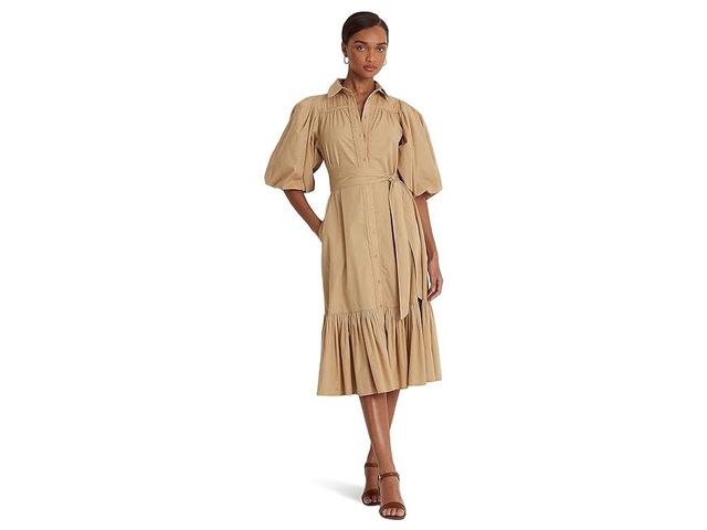 LAUREN Ralph Lauren Belted Broadcloth Bubble-Sleeve Shirtdress (Birch Tan) Women's Clothing Product Image