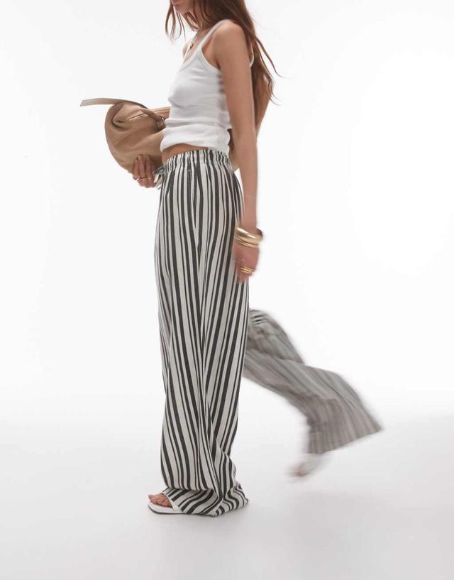 Topshop stripe linen wide leg pants in mono Product Image