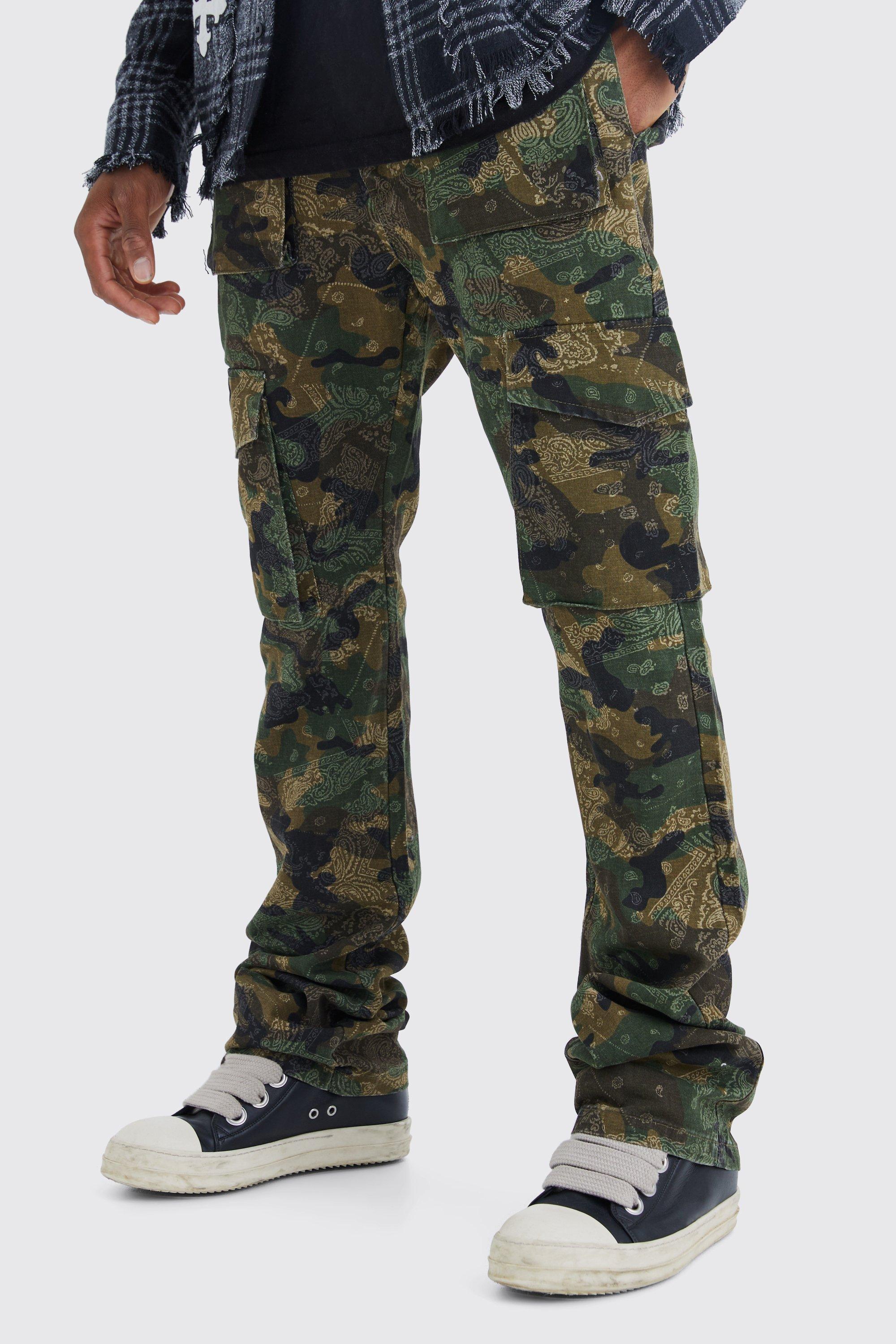 Slim Stacked Flare Multi Cargo Camo Bandana Pants | boohooMAN USA Product Image