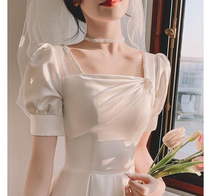 Long-Sleeve Square Neck Plain Beaded Midi A-Line Wedding Dress Product Image