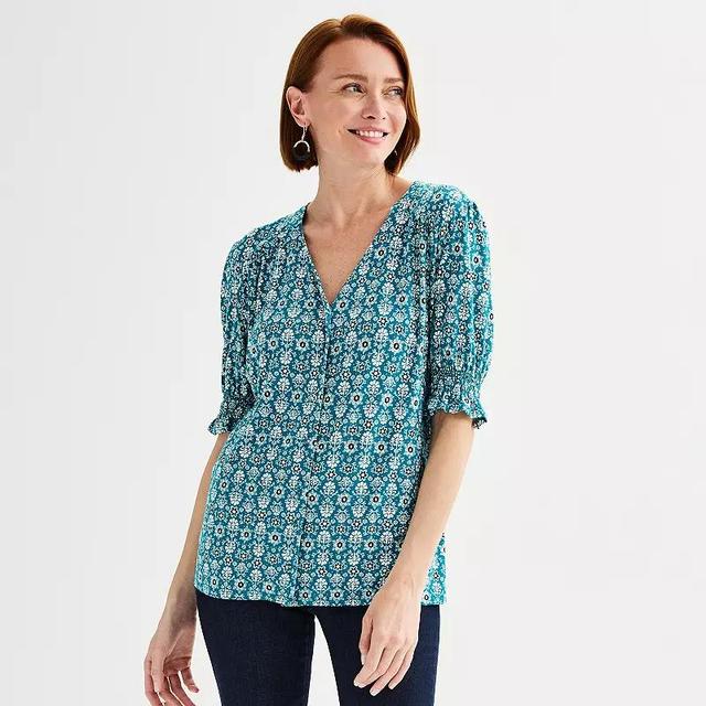 Womens Croft & Barrow V-Neck Button Down Top Blue Print Product Image