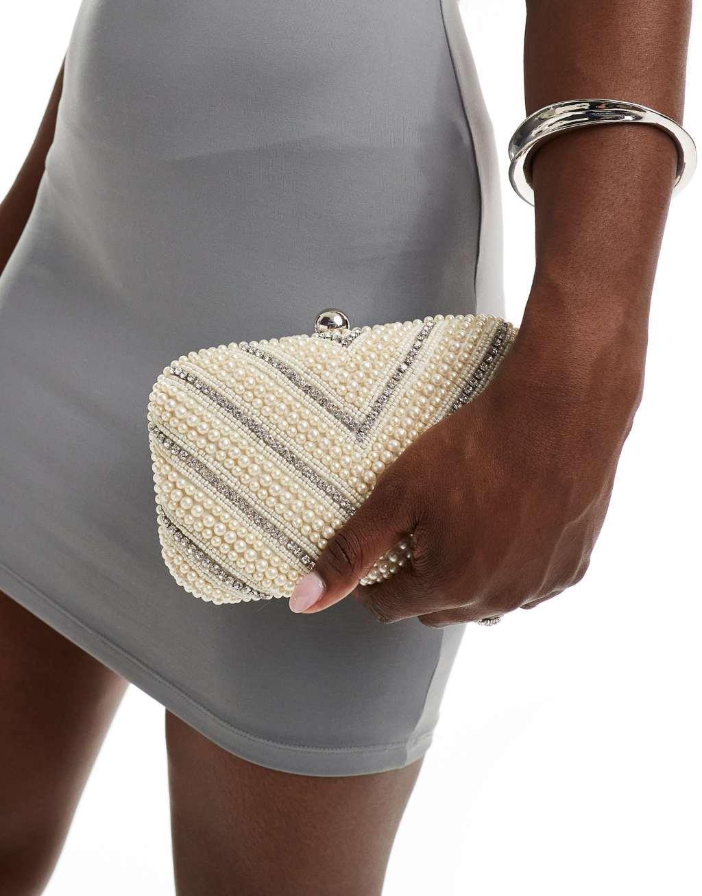 True Decadence box clutch bag with chevron beaded embellishment in cream and pink  product image