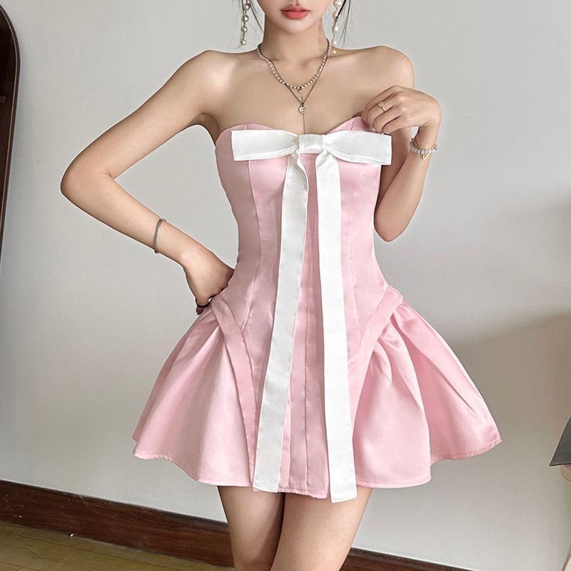 Bow Panel Satin Mini A-Line Tube Dress Product Image