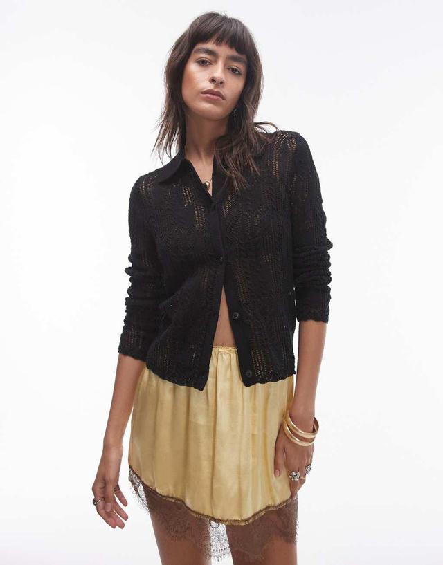 Topshop knitted long sleeve stitchy pattern shirt in black Product Image