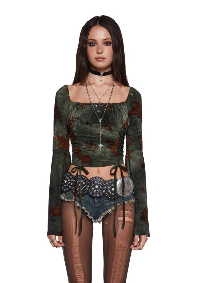 Stretchy Mesh Flocked Floral Velvet Long Sleeve Crop Top Current Mood - Multi Product Image