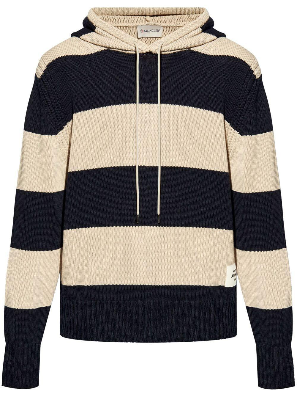 MONCLER Striped Drawstring Knit Hoodie In Dark Blue Product Image