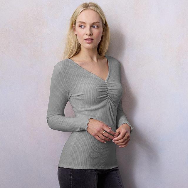 Womens LC Lauren Conrad Long Sleeve Ruched Front V-Neck Top Product Image