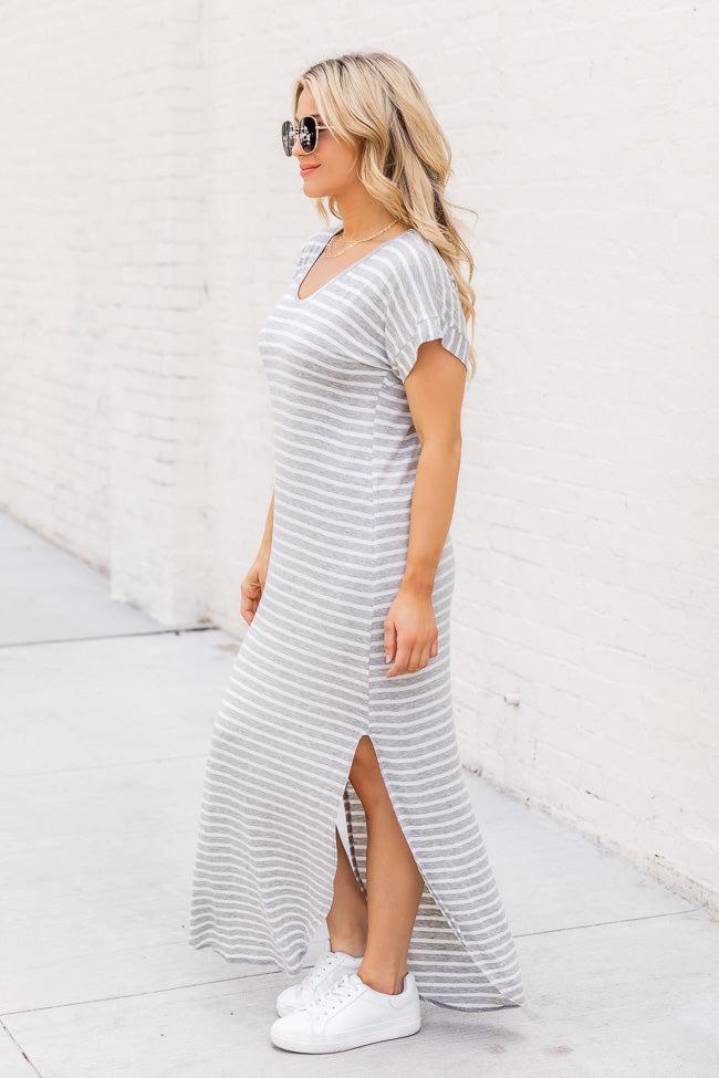 Set Yourself Free Grey/White Striped Maxi T-Shirt Dress Product Image