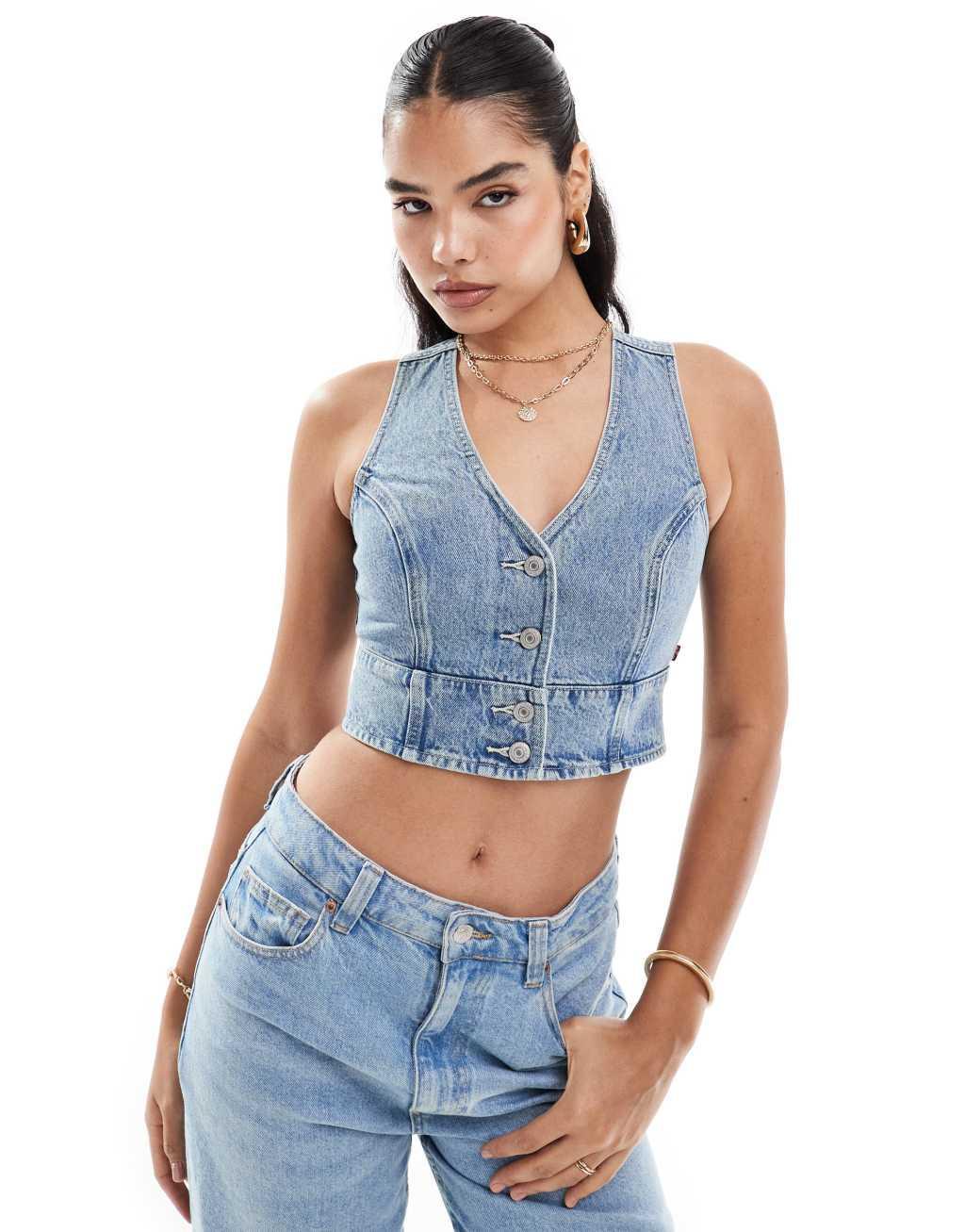 Levi's Mona denim corset crop top in mid blue Product Image