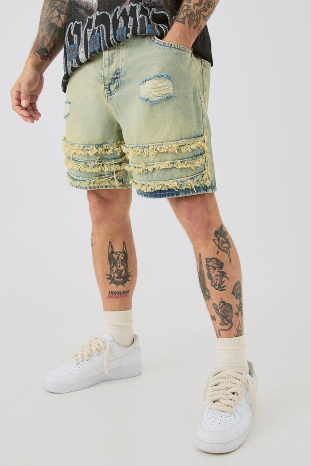 Mens Relaxed Rigid Distressed Denim Shorts In Light Blue, Blue Product Image