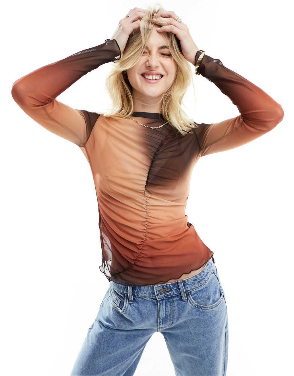 Mango mesh detail top in brown Product Image