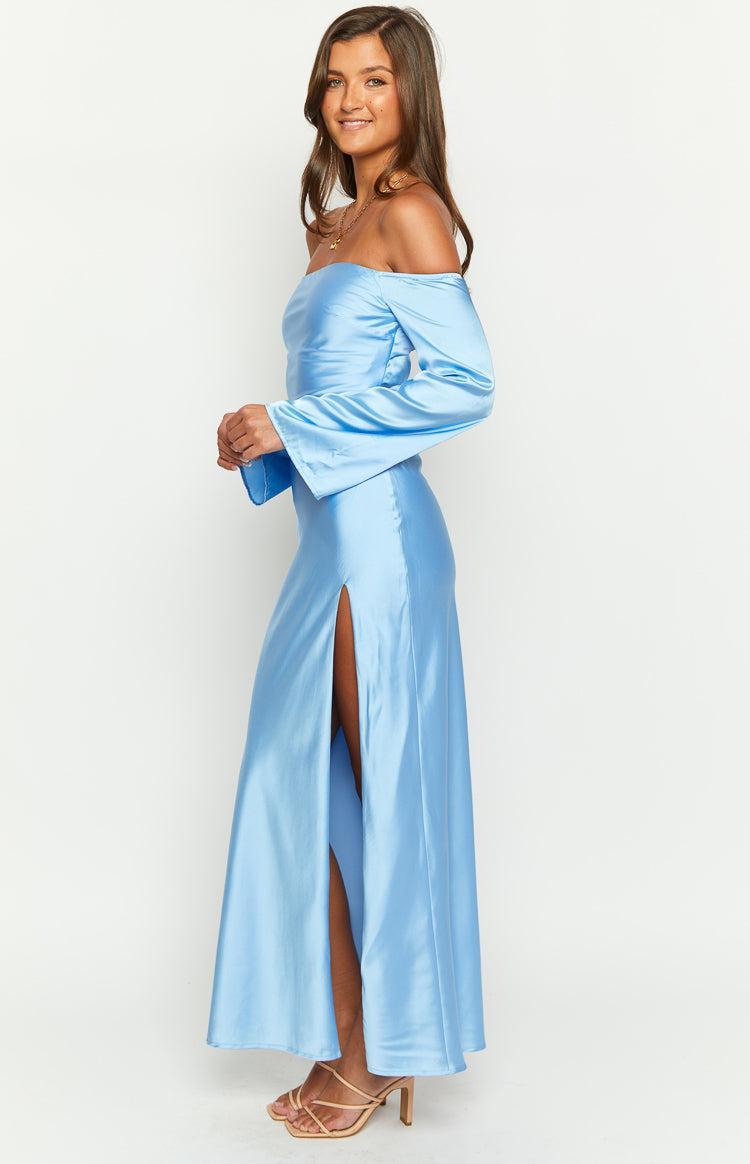 Shae Blue Satin Long Sleeve Maxi Dress Product Image