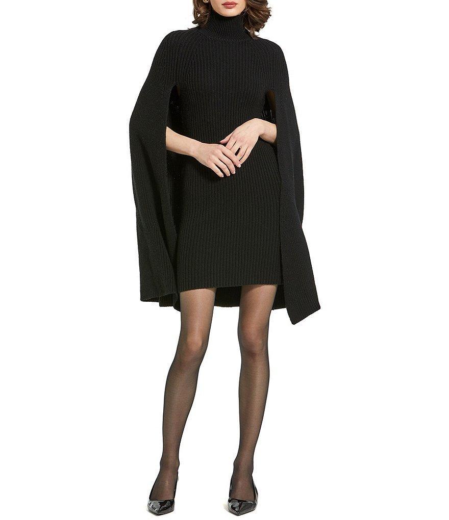 Mac Duggal Knit Turtleneck Long Cape Sleeve Merino Wool Blend Sheath Dress Product Image