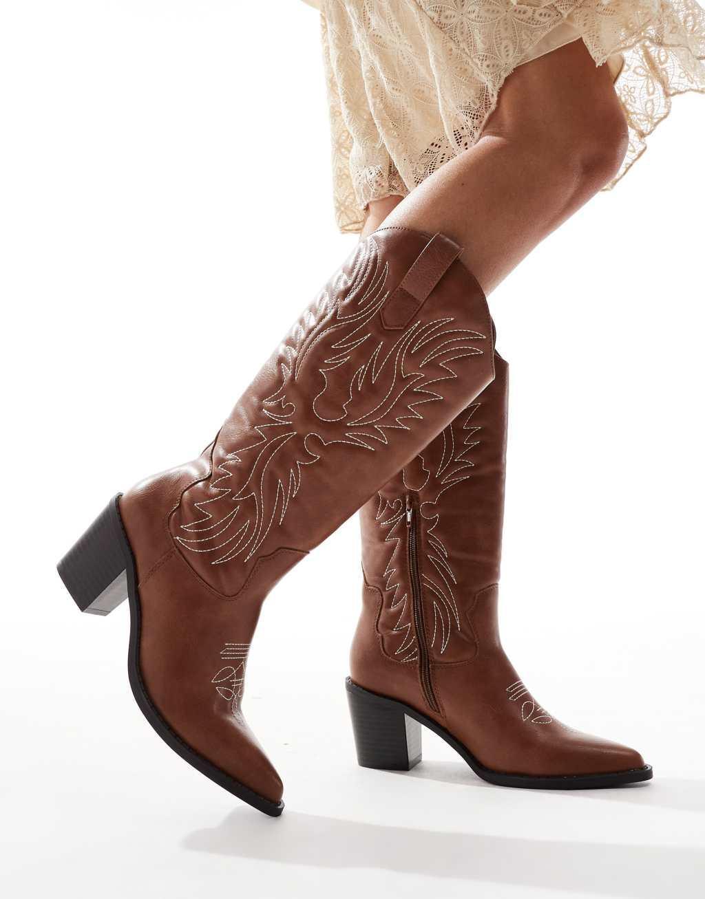 Glamorous western heeled knee boots in tan product image