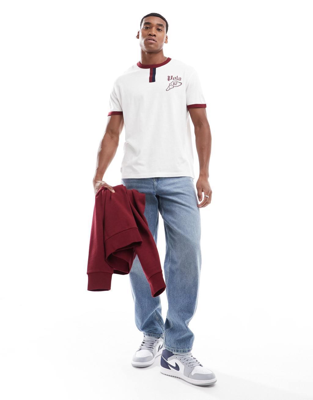 Polo Ralph Lauren retro sports logo slub ringer t-shirt classic oversized fit in white/burgundy Product Image