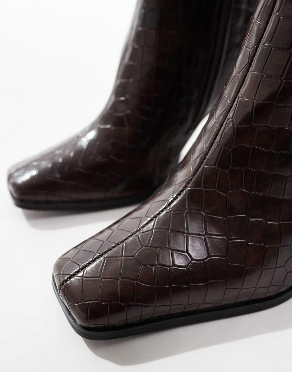 Public Desire Acquilla heeled knee boots with square toe in brown croc Product Image