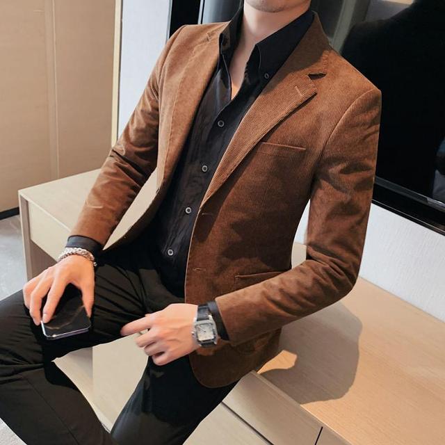 Peak Lapel Plain Corduroy Double Breasted Blazer Product Image