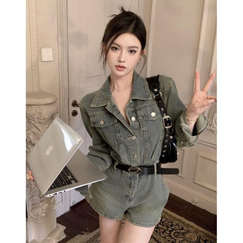 Long-Sleeve Collared Washed Half-Buttoned Denim Romper Product Image