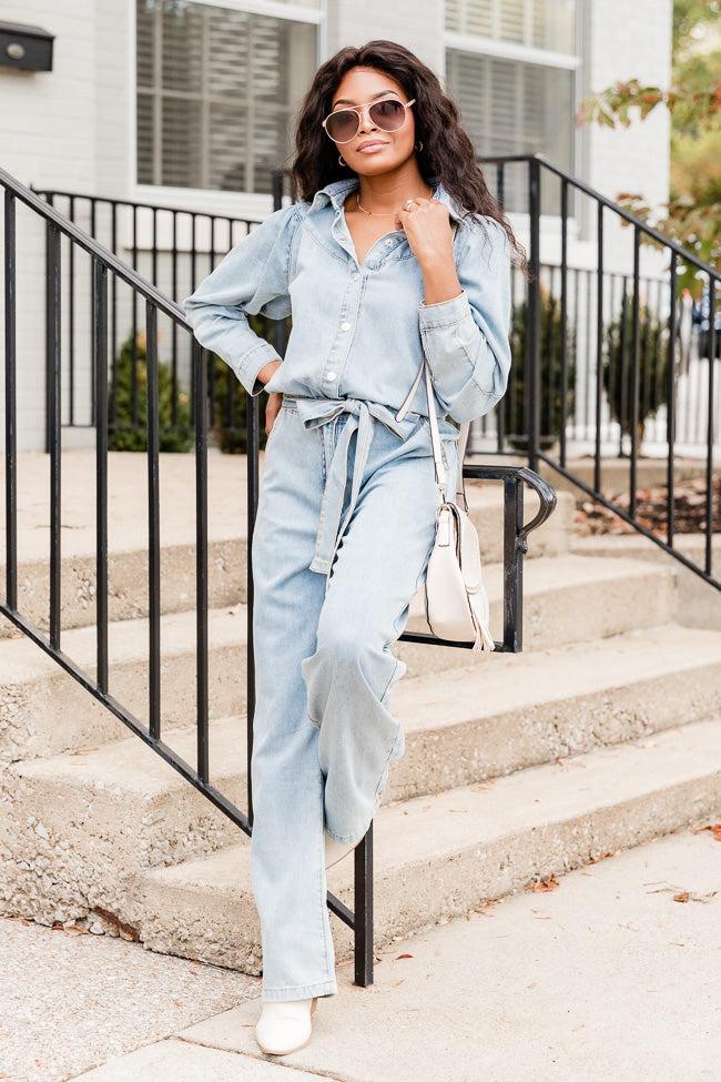 One More Time Long Sleeve Belted Denim Button Up Jumpsuit FINAL SALE Product Image